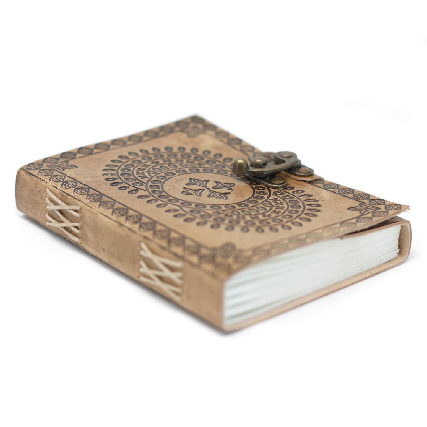 Handmade Leather-Bound Eco-Friendly Notebook with Metal Clasp - Medium / Tan and Blue / Mandala