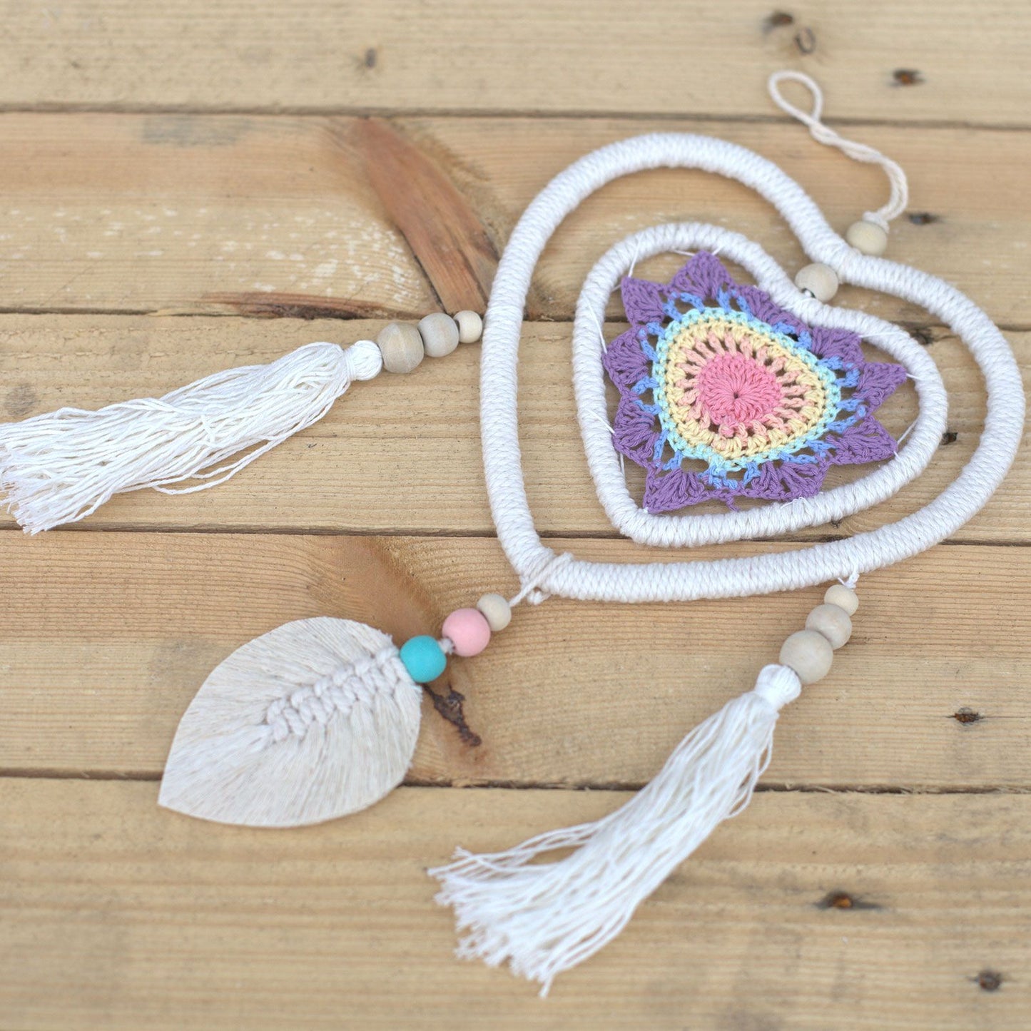 Eco-Friendly Hand Crafted Rattan and Cotton with Wooden Beaded Dreamcatcher - Medium / Heart in Heart / Multicoloured