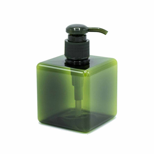 Green 250ml reusable squat dispenser bottle with pump, alternate product view from Quintessential Holistic Health.