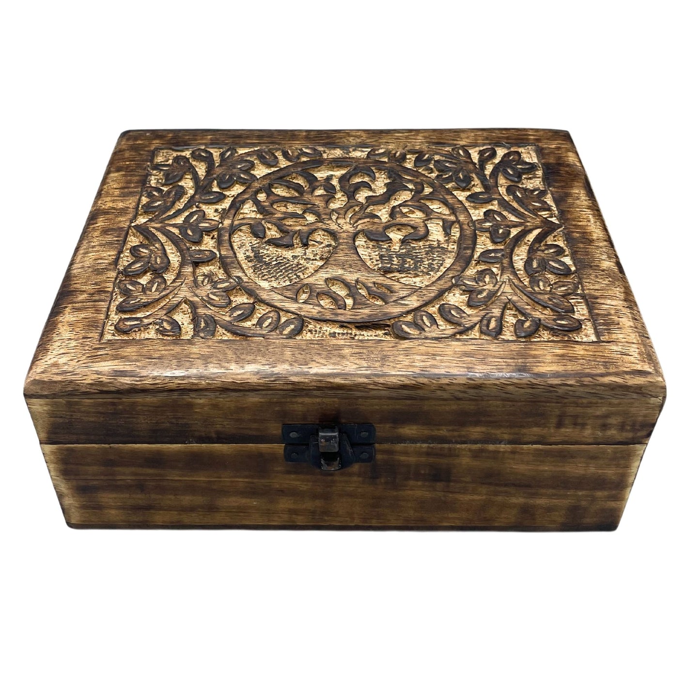 Hand Carved Mango Wood Vintage Style Keepsake Box - Large / Rectangular / Tree of Life