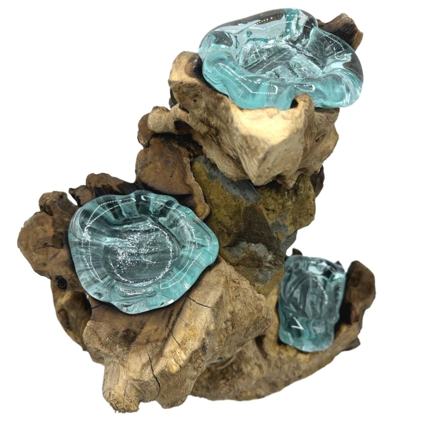 Handmade Molten Recycled Glass Candle Holder on Wood - Triple / Round / Clear / Light Blue