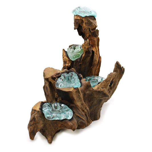 Handmade Molten Recycled Glass Candle Holder on Wood - Quintuple / Round / Clear / Light Blue