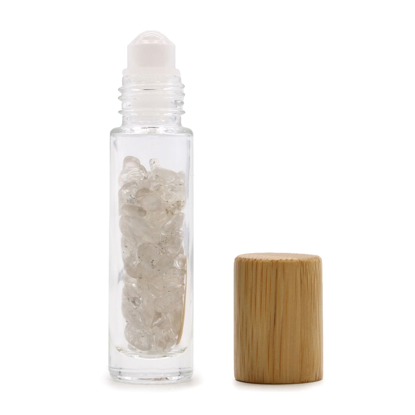 Rock Quartz 10ml gemstone roller bottle with wooden cap and visible stone pieces, product detail view from Quintessential Holistic Health.