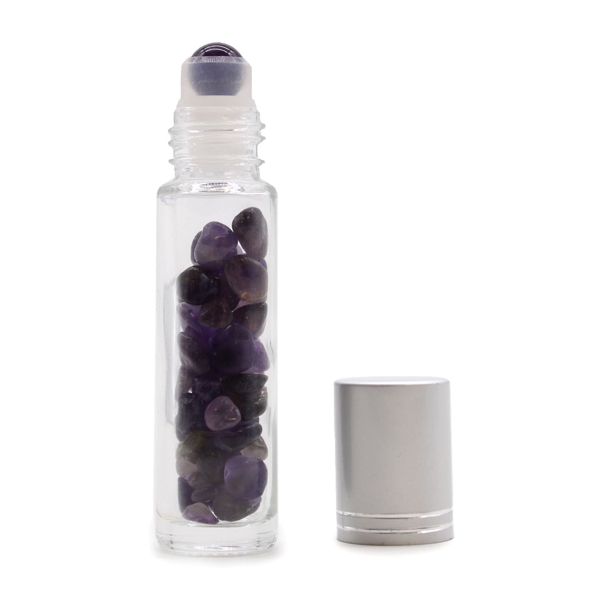 Amethyst 10ml gemstone roller bottle with silver cap and visible stone pieces, product detail view from Quintessential Holistic Health.