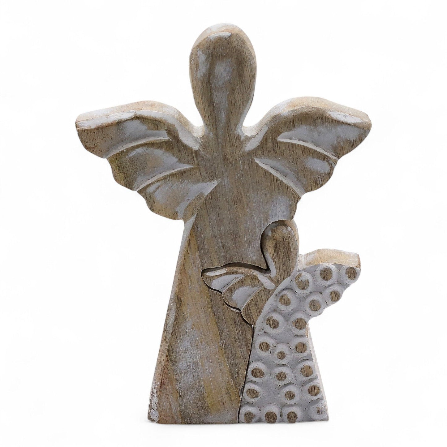 Hand Carved Mango Wood Angel and Child - Whitewash