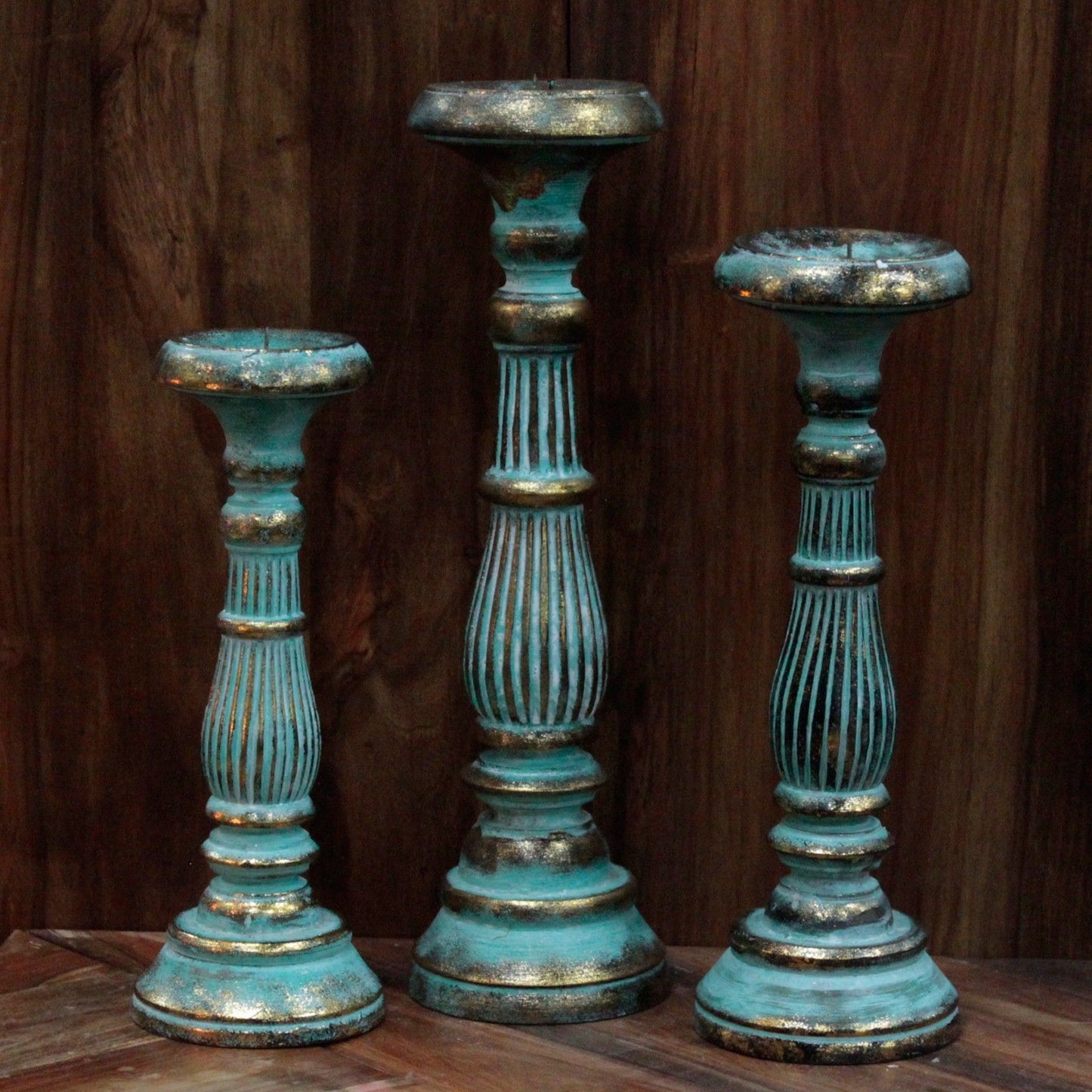 Wooden Handmade and Hand Painted Vintage Candle Holder Stand - Large / Turquoise and Gold