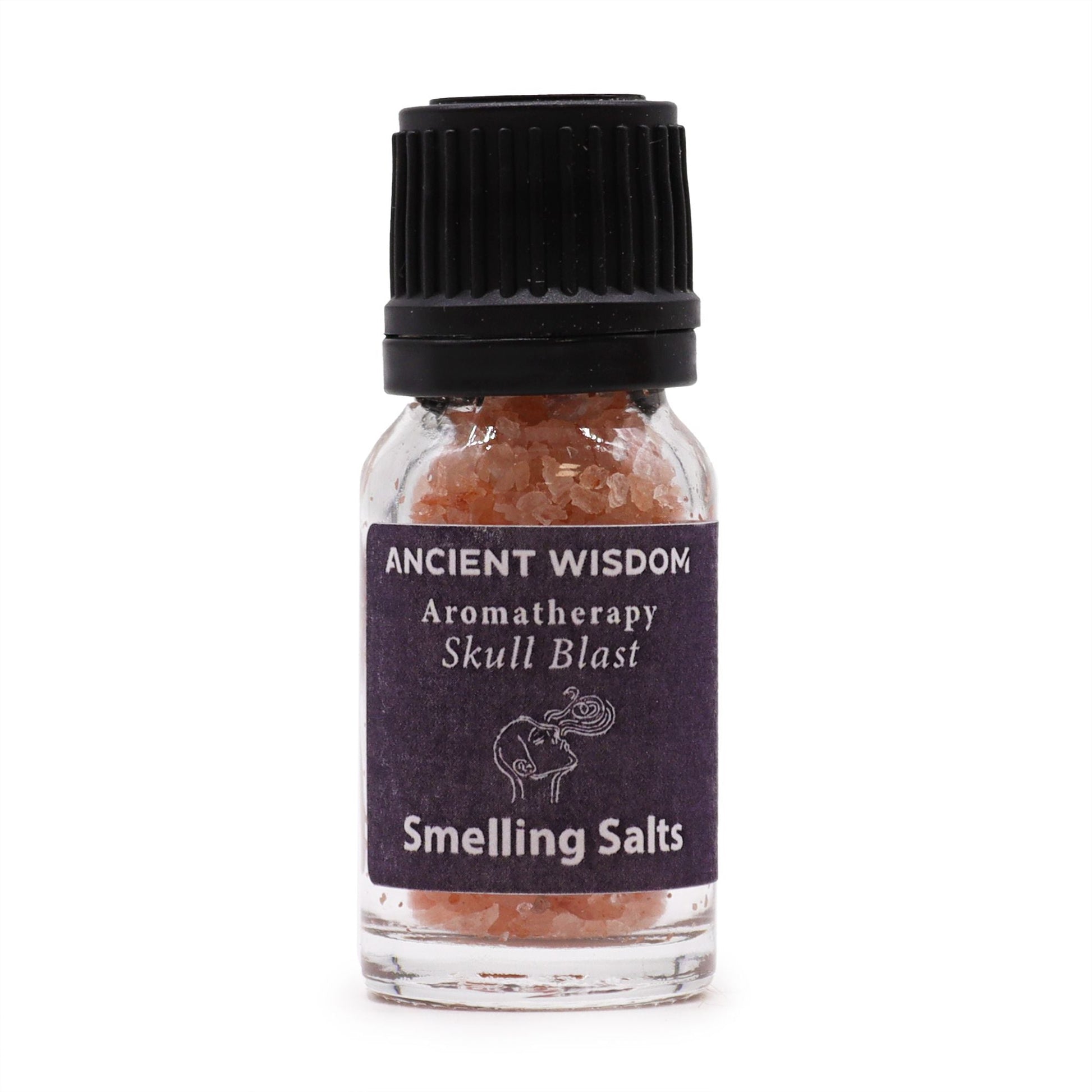 Skull Blast aromatherapy smelling salts in screw-top bottle, product detail view from Quintessential Holistic Health.