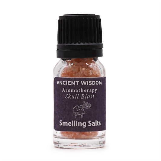 Skull Blast aromatherapy smelling salts in screw-top bottle, product detail view from Quintessential Holistic Health.