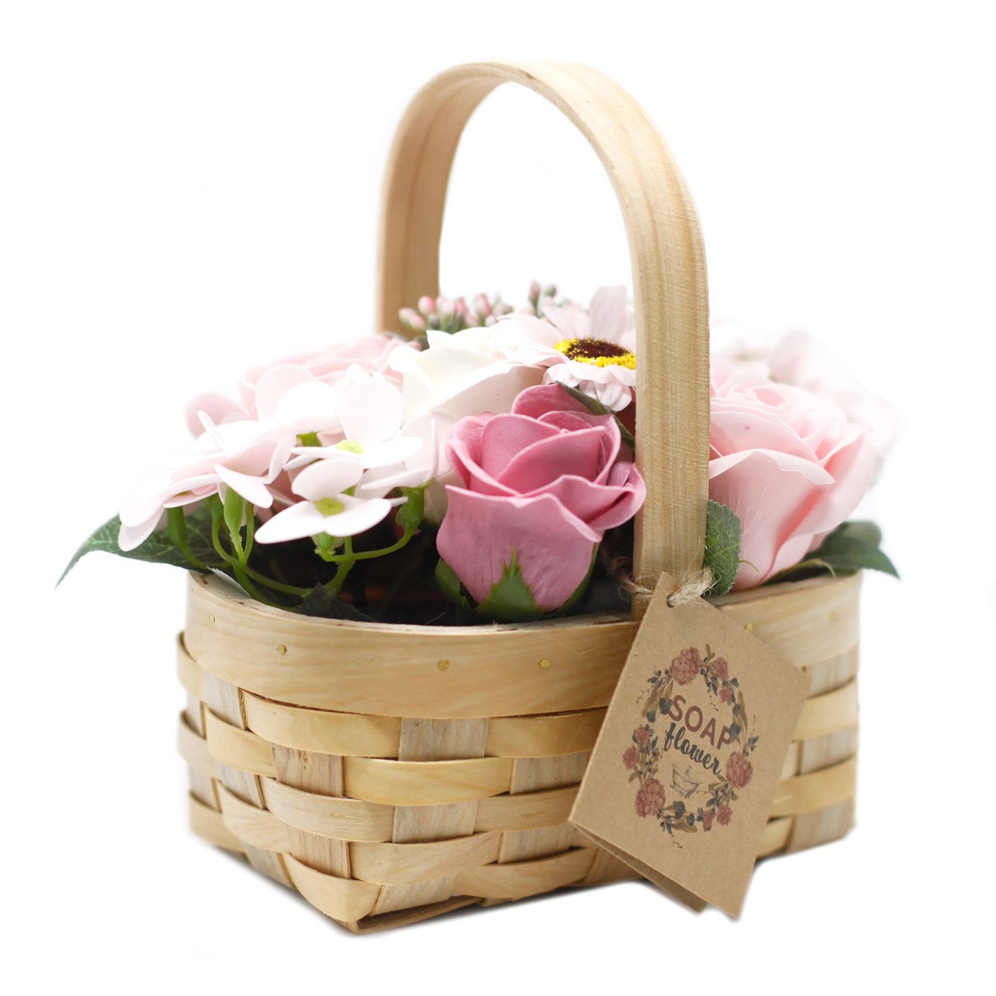 Wicker Basket Soap Flower Bouquet - Medium / Pink