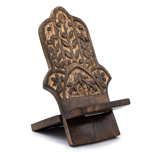 Hand Carved Mango Wooden Phone Stand - Hamsa