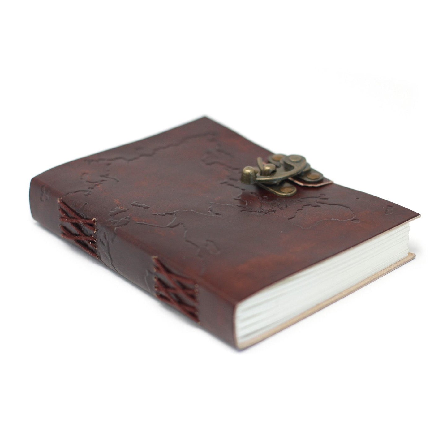 Handmade Leather-Bound Eco-Friendly Notebook with Metal Clasp - Medium / Brown / World Map