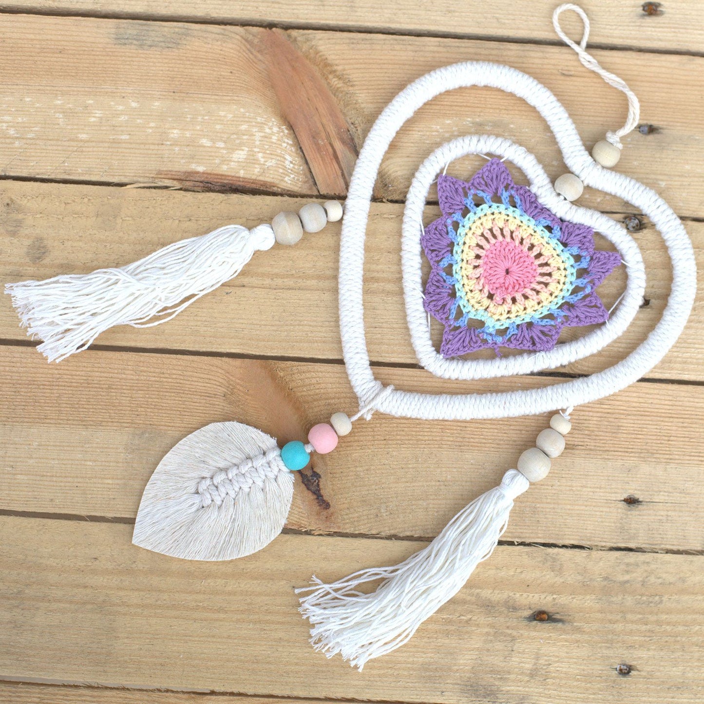 Eco-Friendly Hand Crafted Rattan and Cotton with Wooden Beaded Dreamcatcher - Medium / Heart in Heart / Multicoloured