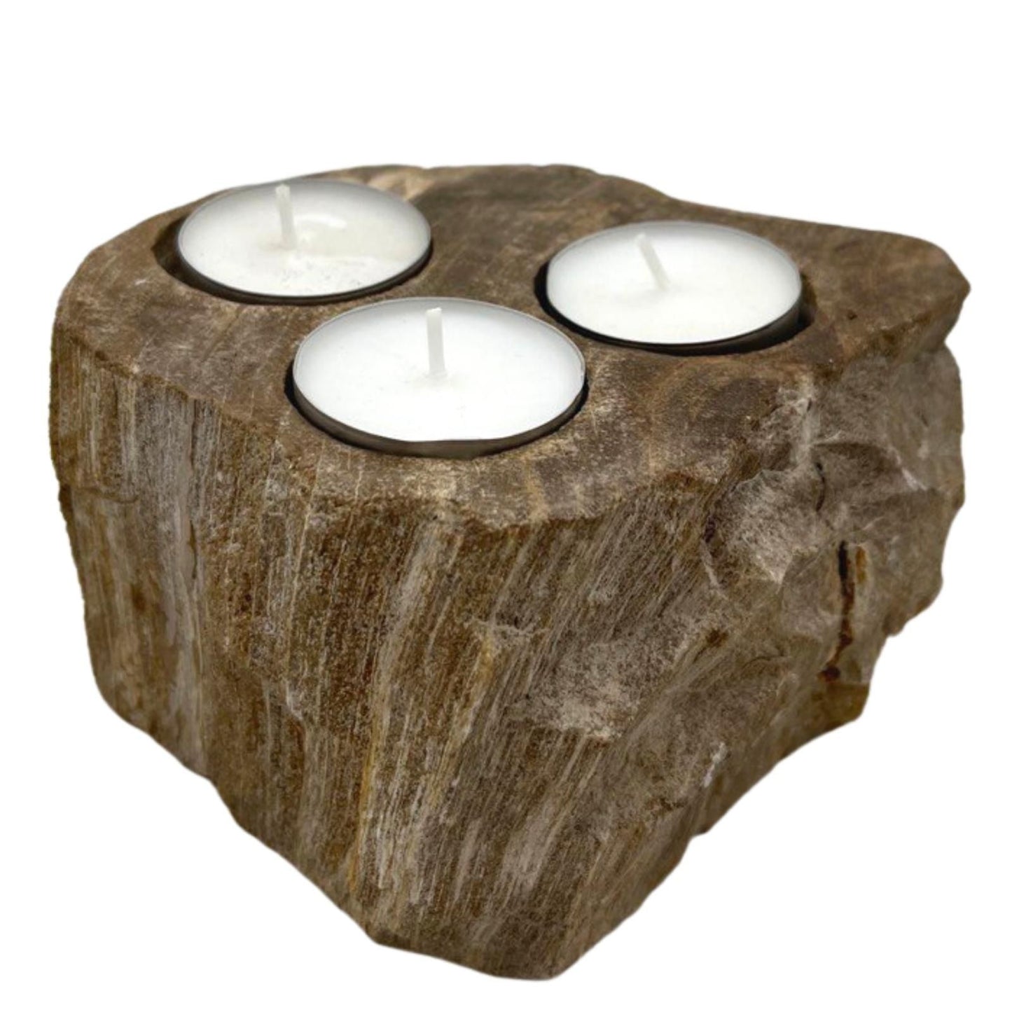 Hand Carved Petrified Wooden Tea Light Candle Holder - Triple
