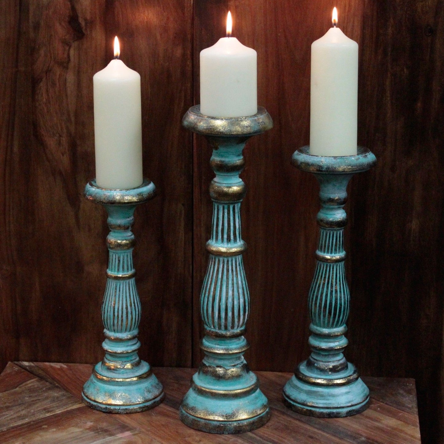 Wooden Handmade and Hand Painted Vintage Candle Holder Stand - Large / Turquoise and Gold