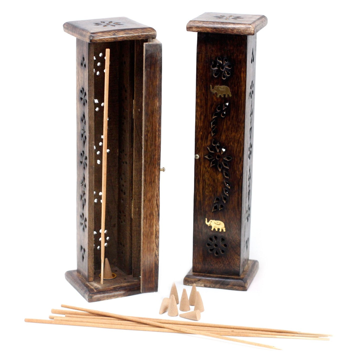 Mango Wood Square Incense Tower with Brass Inlay