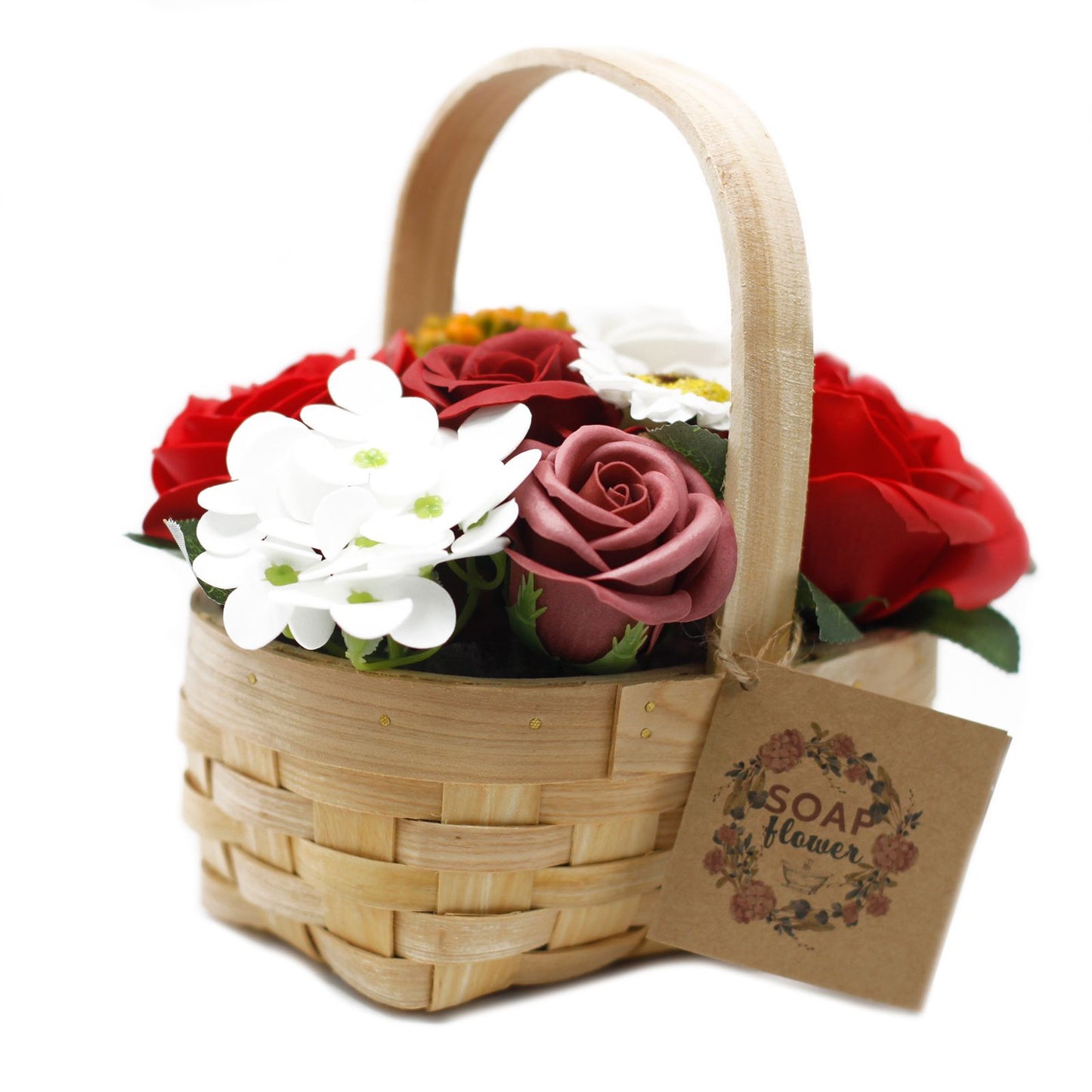 Wicker Basket Soap Flower Bouquet - Medium / Red