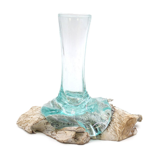 Handmade Molten Recycled Glass Flower Vase on Wood - Medium / Clear / Light Blue / Whitewash