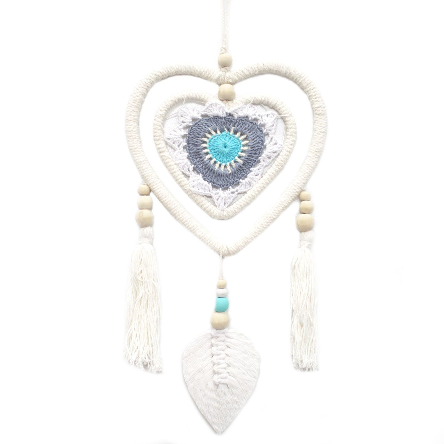 Eco-Friendly Hand Crafted Rattan and Cotton with Wooden Beaded Dreamcatcher - Medium / Heart in Heart / Blue