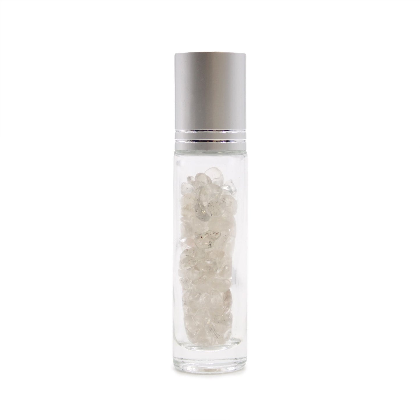 Rock Quartz 10ml gemstone roller bottle with silver cap and visible stone pieces, product detail view from Quintessential Holistic Health.
