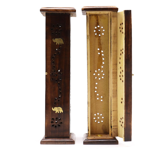 Mango Wood Square Incense Tower with Brass Inlay
