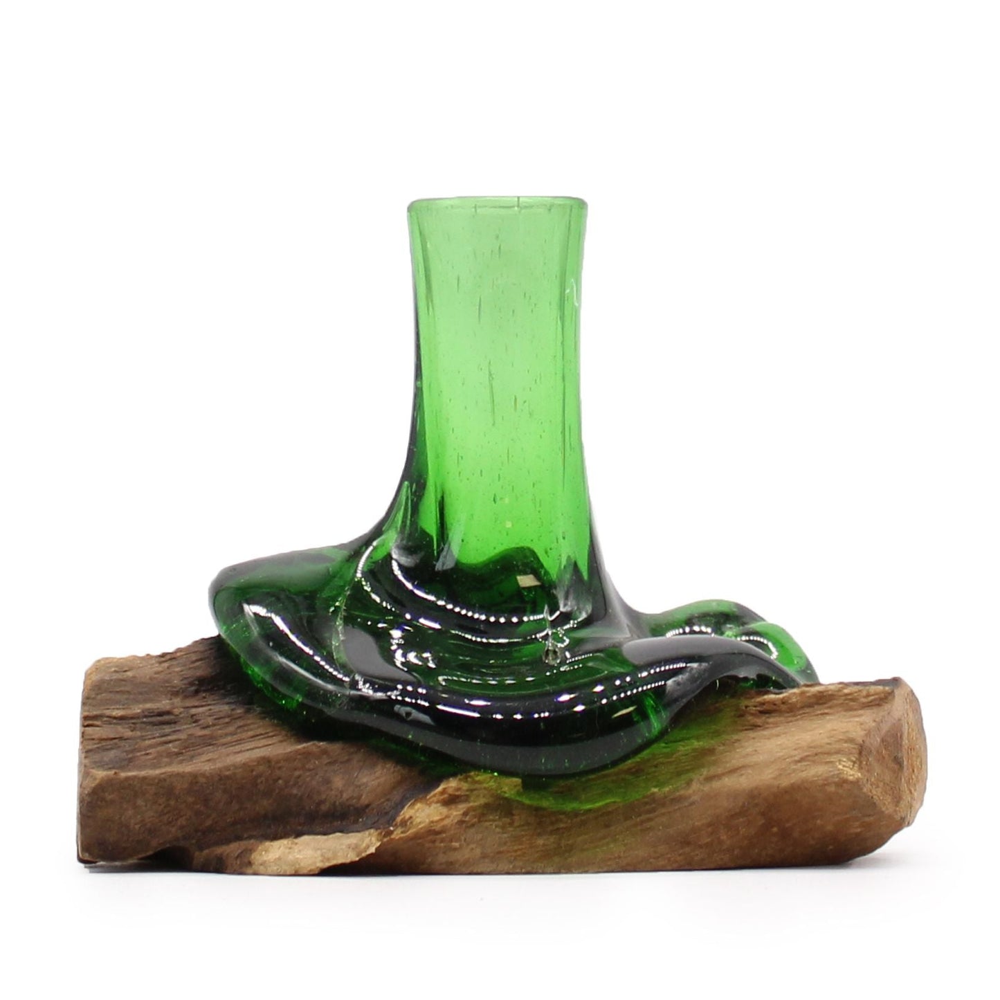 Handmade Recycled Glass Beer Bottle Flower Vase on Wood - Small / Green