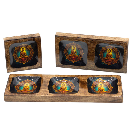 Set of 3 Hand Crafted Enamelled Wooden Trinket Tray - Large / Buddha