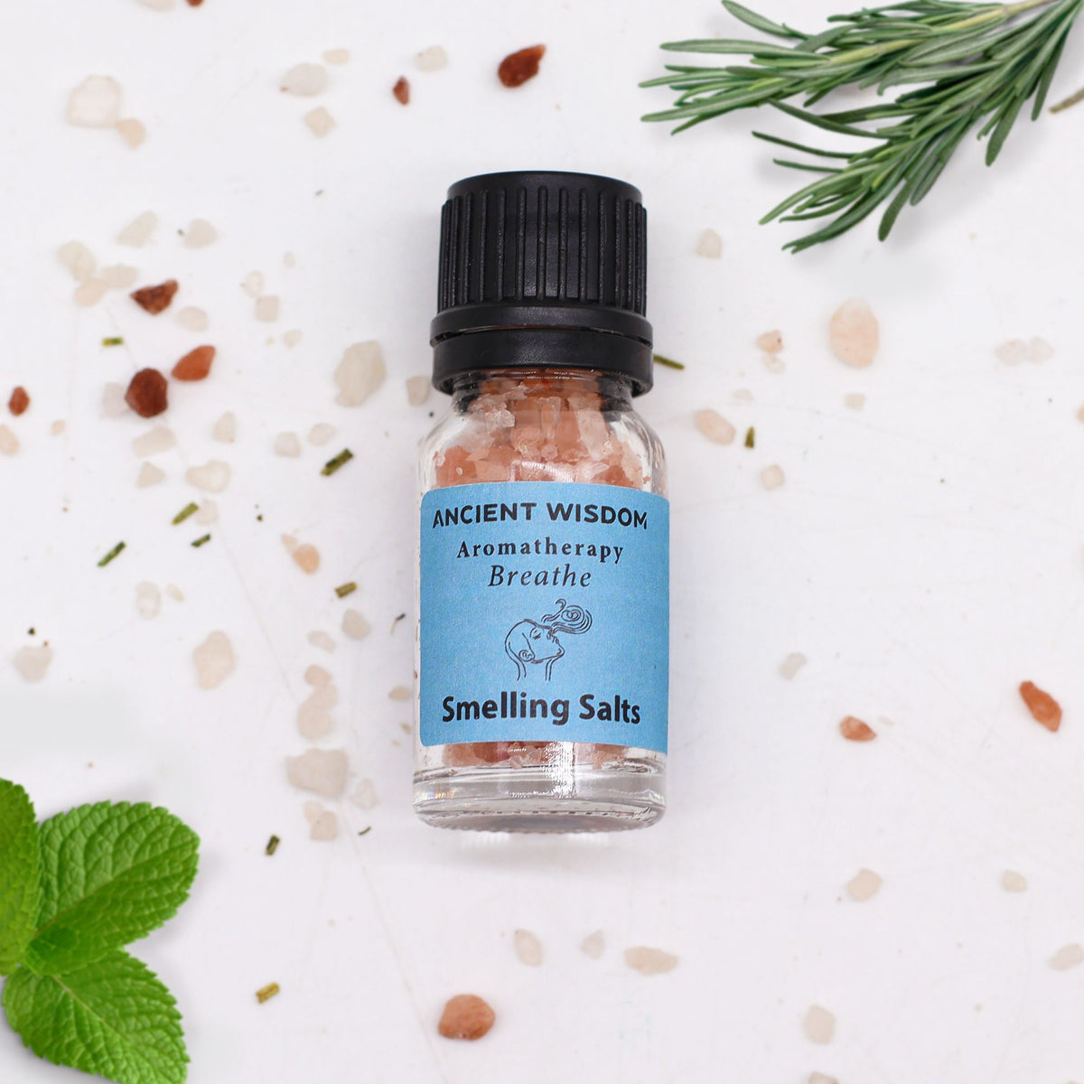 Breathe aromatherapy smelling salts in screw-top bottle, product detail view from Quintessential Holistic Health.