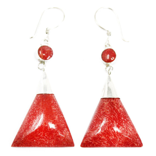 Handmade Red Coral Resin and 925 Silver Earrings - Triangle Double Drop
