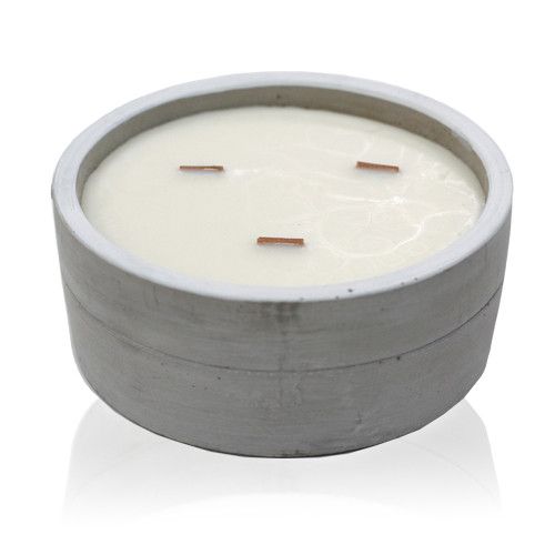 Concrete Wooden Wick Soy Candle Holder - Large / Round / Patchouli and Dark Amber