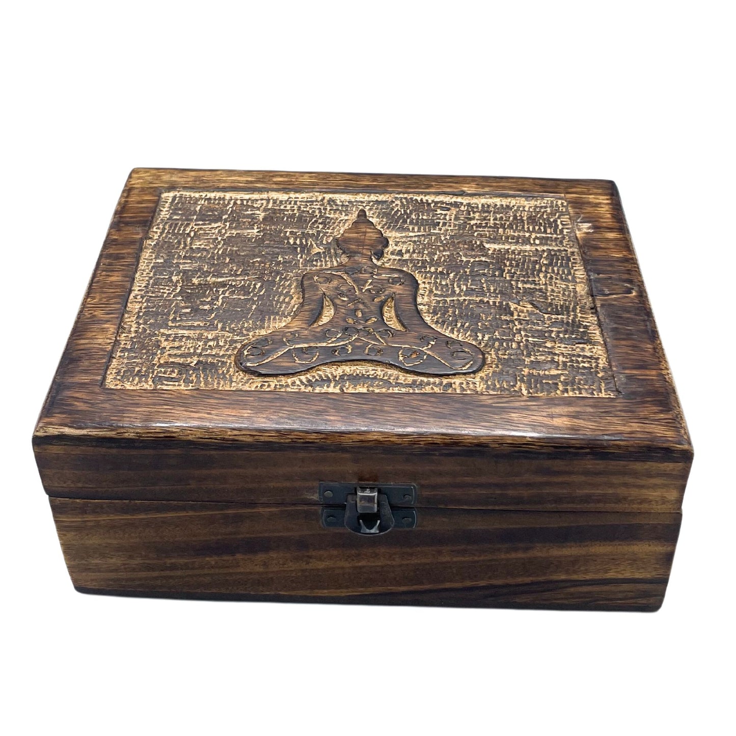 Hand Carved Mango Wood Vintage Style Keepsake Box - Large / Rectangular / Buddha