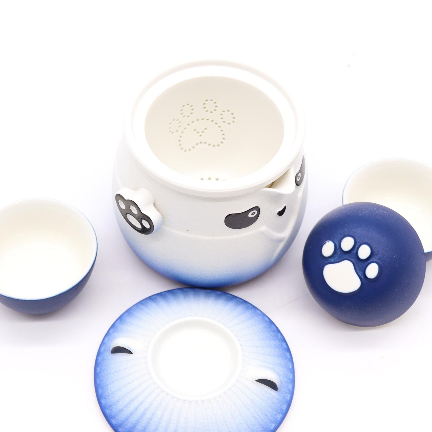 210ml Panda Teapot Set with Travel Case and Three Cups - Sky Blue