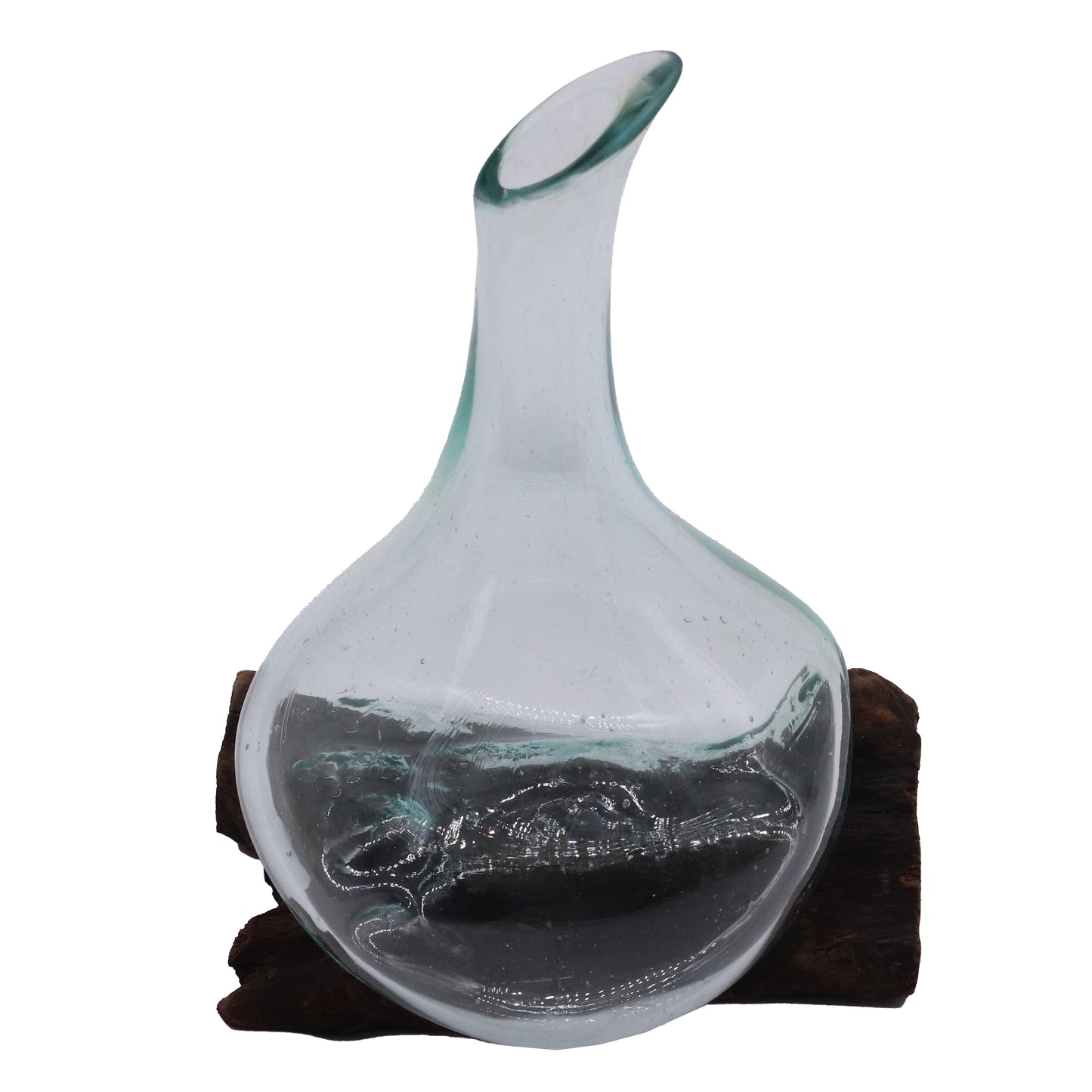 500ml Handmade Molten Recycled Glass Decanter on Wood - Small / Clear / Light Blue