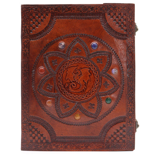 Handmade Leather-Bound Eco-Friendly Deckle Edged Tomb Book with Metal Clasp -  Extra Large / Brown / Chakra Stones and Dragon Mandala