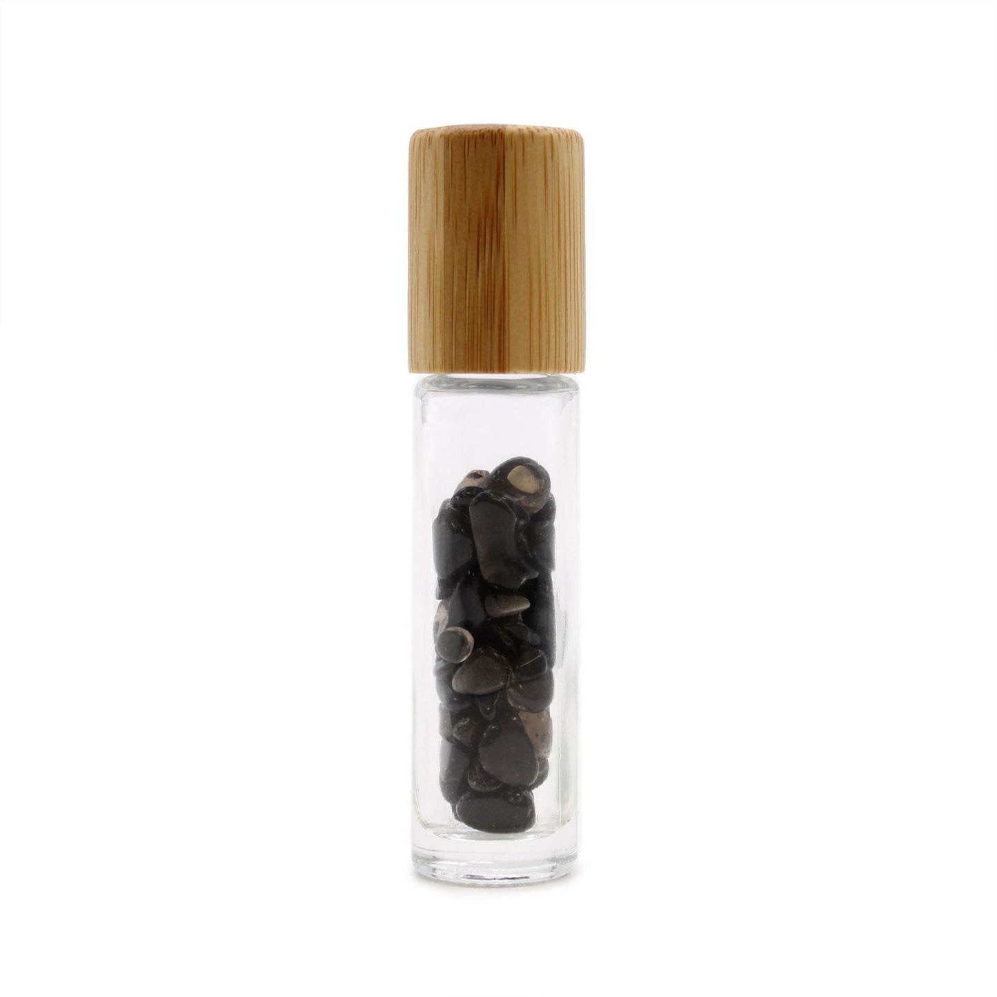 Black Tourmaline 10ml gemstone roller bottle with wooden cap and visible stone pieces, secondary detail view from Quintessential Holistic Health.