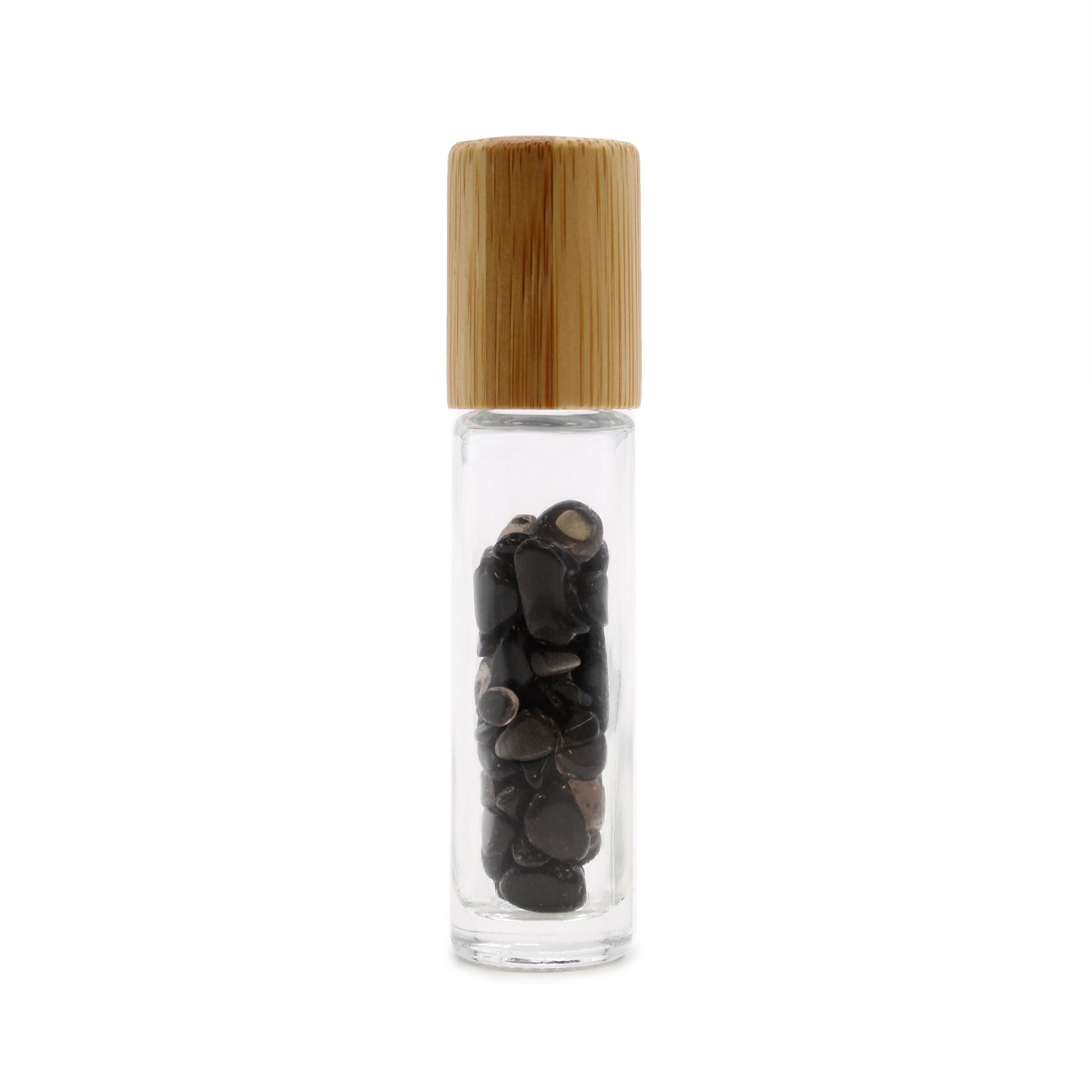 Black Tourmaline 10ml gemstone roller bottle with wooden cap and visible stone pieces, secondary detail view from Quintessential Holistic Health.