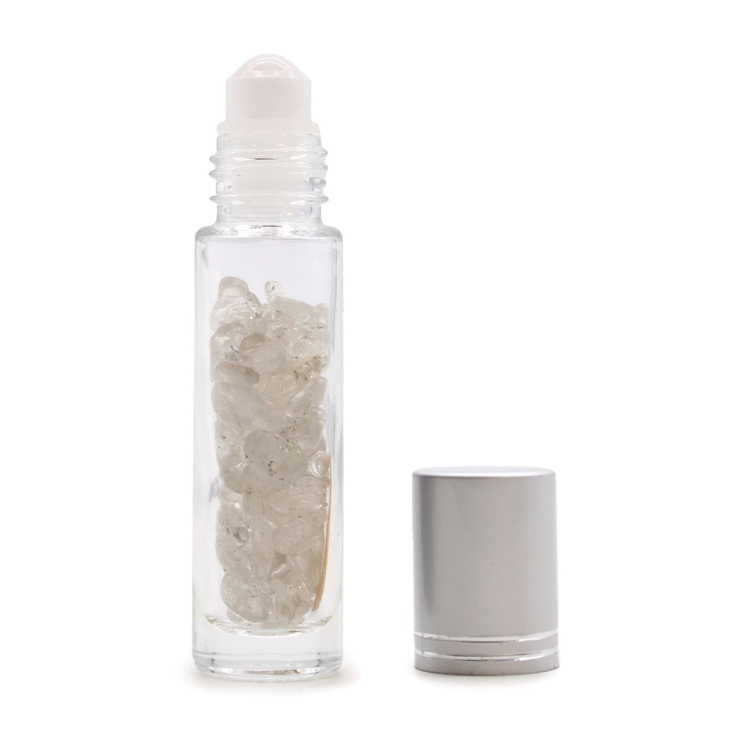 Rock Quartz 10ml gemstone roller bottle with silver cap and visible stone pieces, alternate product view from Quintessential Holistic Health.