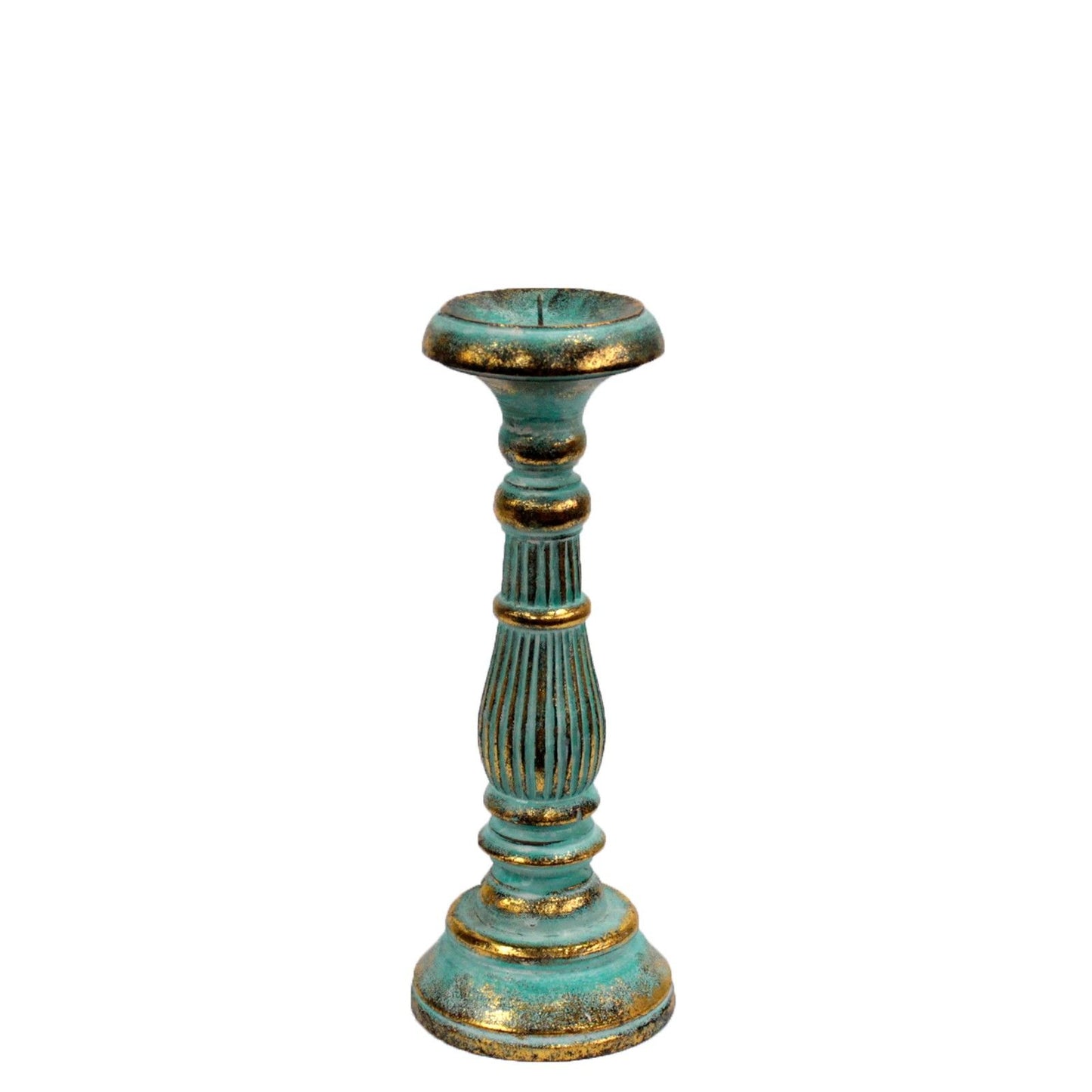 Wooden Handmade and Hand Painted Vintage Candle Holder Stand - Small / Turquoise and Gold