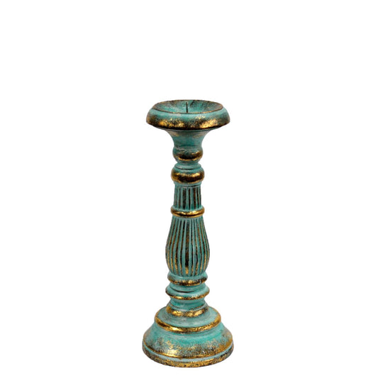 Wooden Handmade and Hand Painted Vintage Candle Holder Stand - Small / Turquoise and Gold