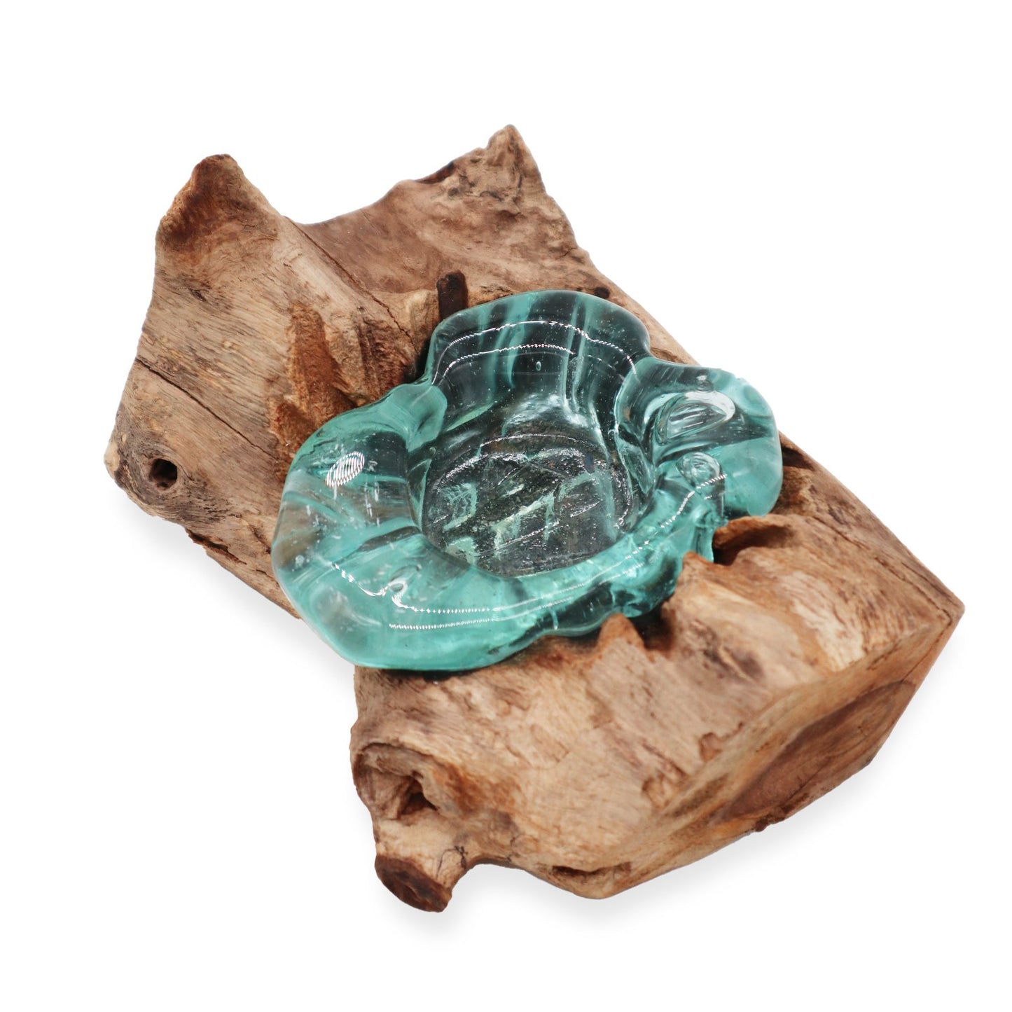 Handmade Molten Recycled Glass Candle Holder on Wood - Single / Round / Clear / Light Blue