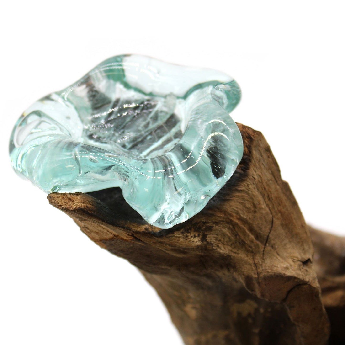 Handmade Molten Recycled Glass Candle Holder on Wood - Triple / Round / Clear / Light Blue