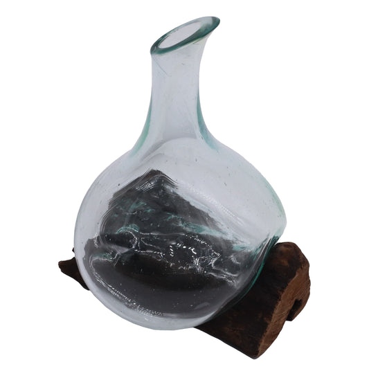 500ml Handmade Molten Recycled Glass Decanter on Wood - Small / Clear / Light Blue