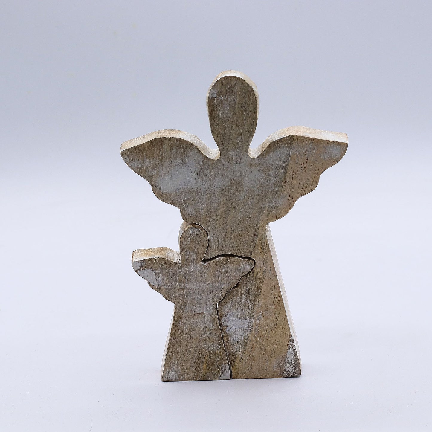 Hand Carved Mango Wood Angel and Child - Whitewash