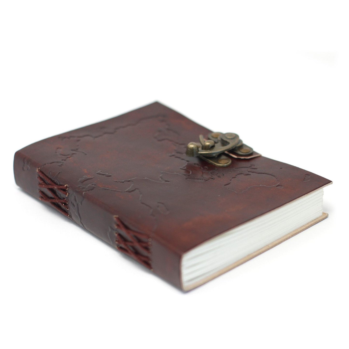 Handmade Leather-Bound Eco-Friendly Notebook with Metal Clasp - Medium / Brown / World Map