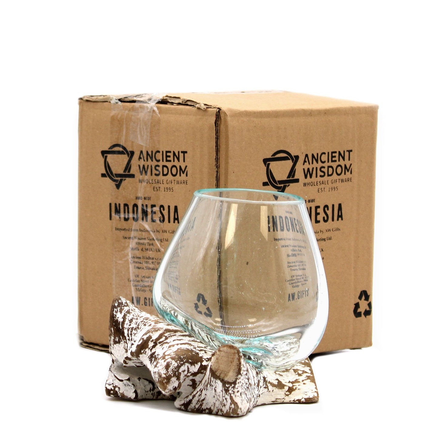 Handmade Molten Recycled Glass Vase on Wood - Small / Oval / Clear / Light Blue / Whitewash