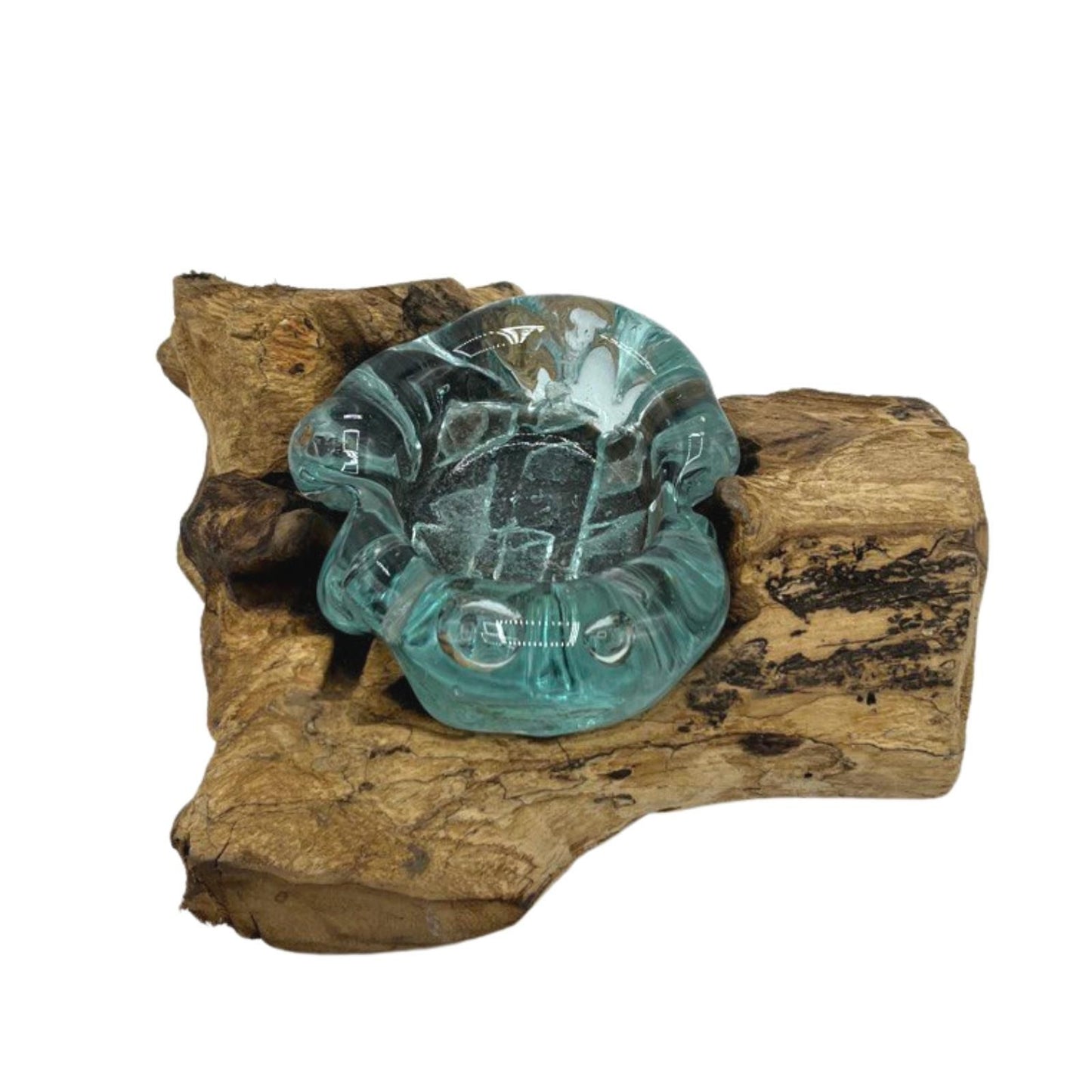 Handmade Molten Recycled Glass Candle Holder on Wood - Single / Round / Clear / Light Blue