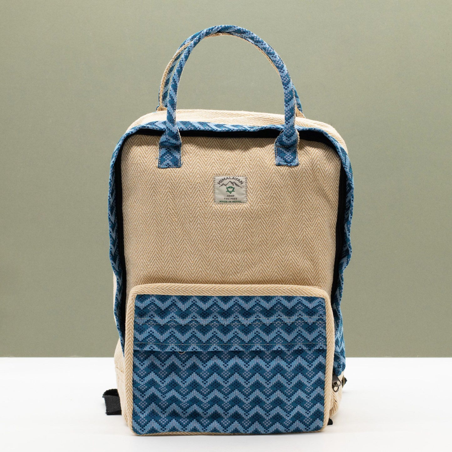 Large Kathmandu hemp backpack with blue Dhaka design, alternate product view 5 from Quintessential Holistic Health.