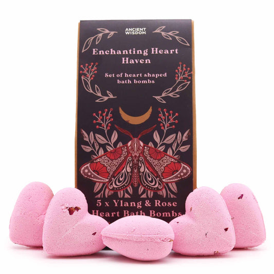 5 x Vegan-Friendly Heart Shaped Bath Bomb Gift Set - Enchanting Heart Haven / Ylang and Rose