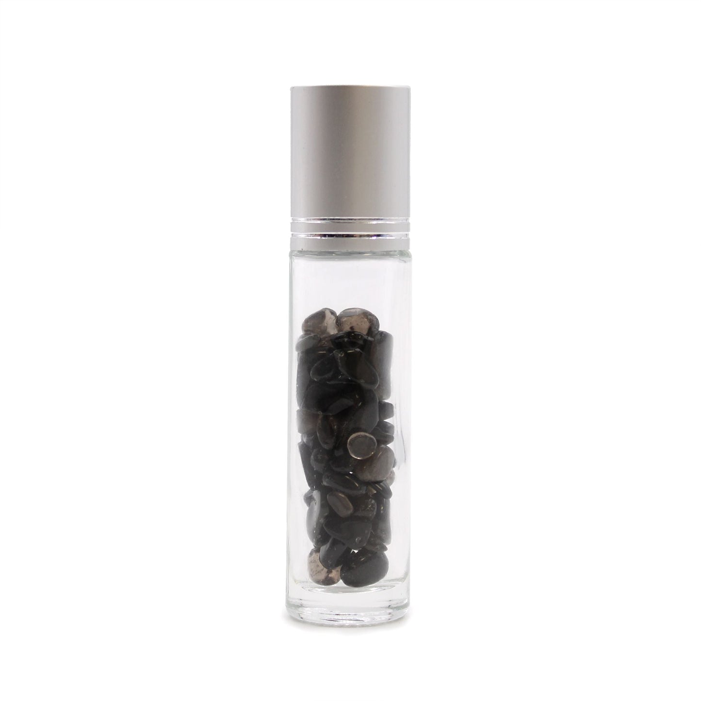 Black Tourmaline 10ml gemstone roller bottle with silver cap and visible stone pieces, main product view from Quintessential Holistic Health.