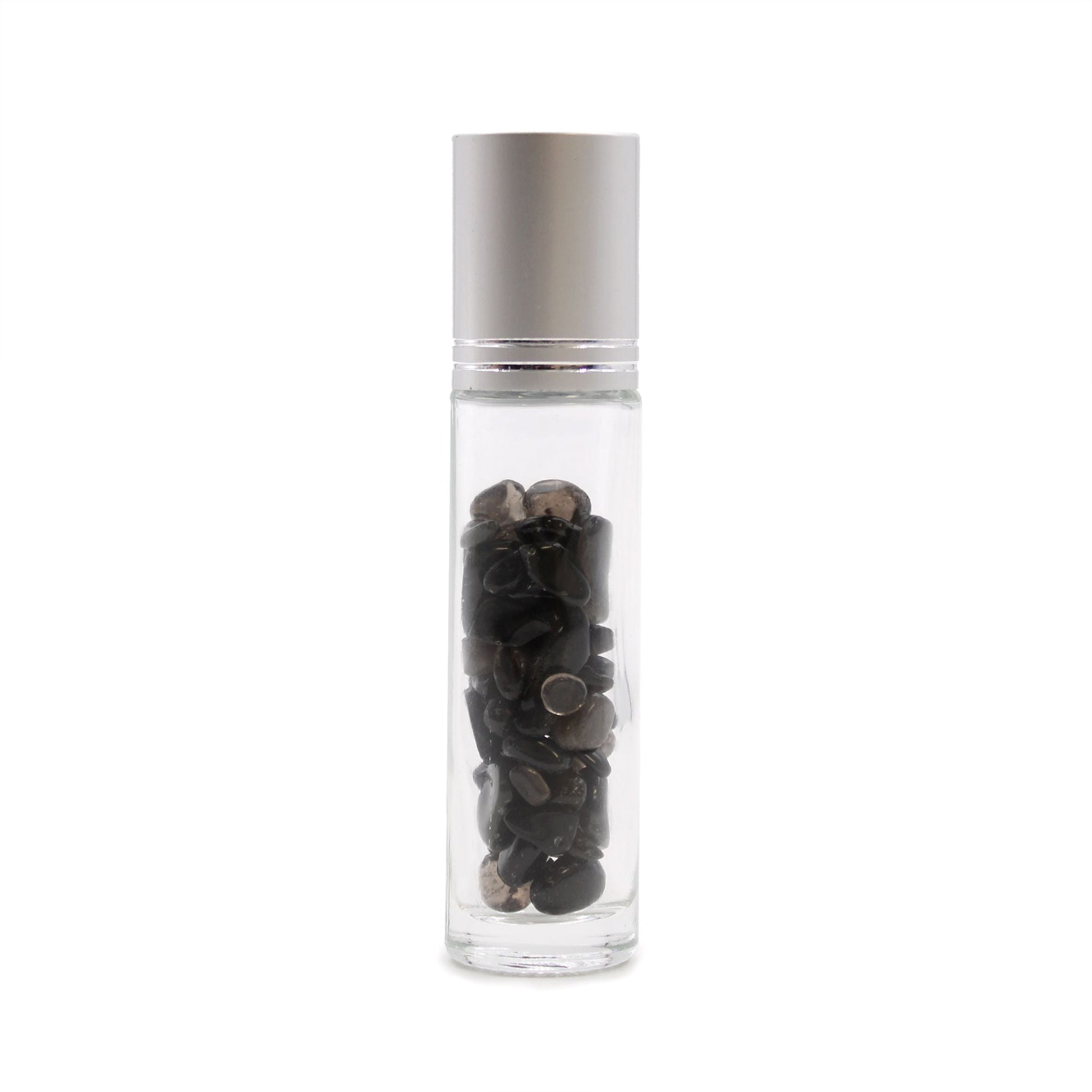 Black Tourmaline 10ml gemstone roller bottle with silver cap and visible stone pieces, main product view from Quintessential Holistic Health.