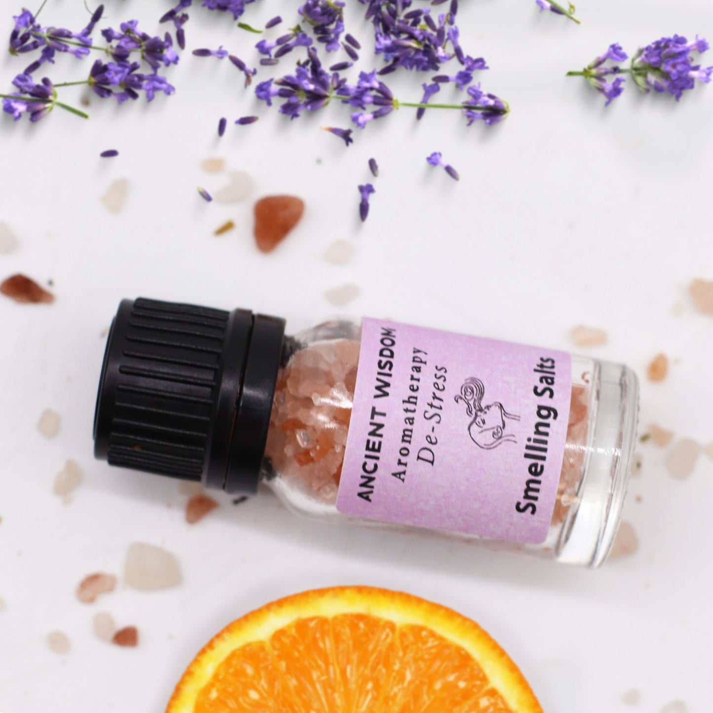 De-Stress aromatherapy smelling salts in screw-top bottle, alternate product view from Quintessential Holistic Health.